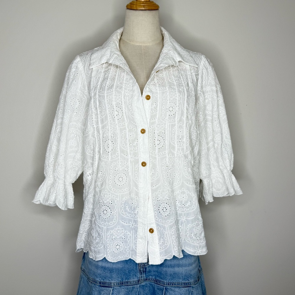 Democracy White Eyelet Button-Down Shirt